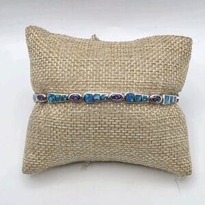 Amethyst & Blue Fire Opal 925 Sterling Silver Link Tennis 7'' Bracelet 13.71g
